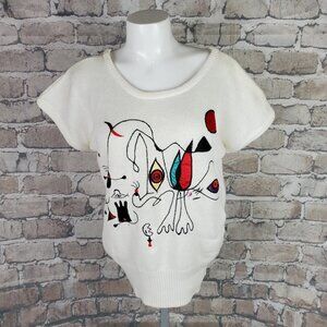 Vintage  80s Embroidered Abstract Line Art Scoop Neck Sweater Measures Medium